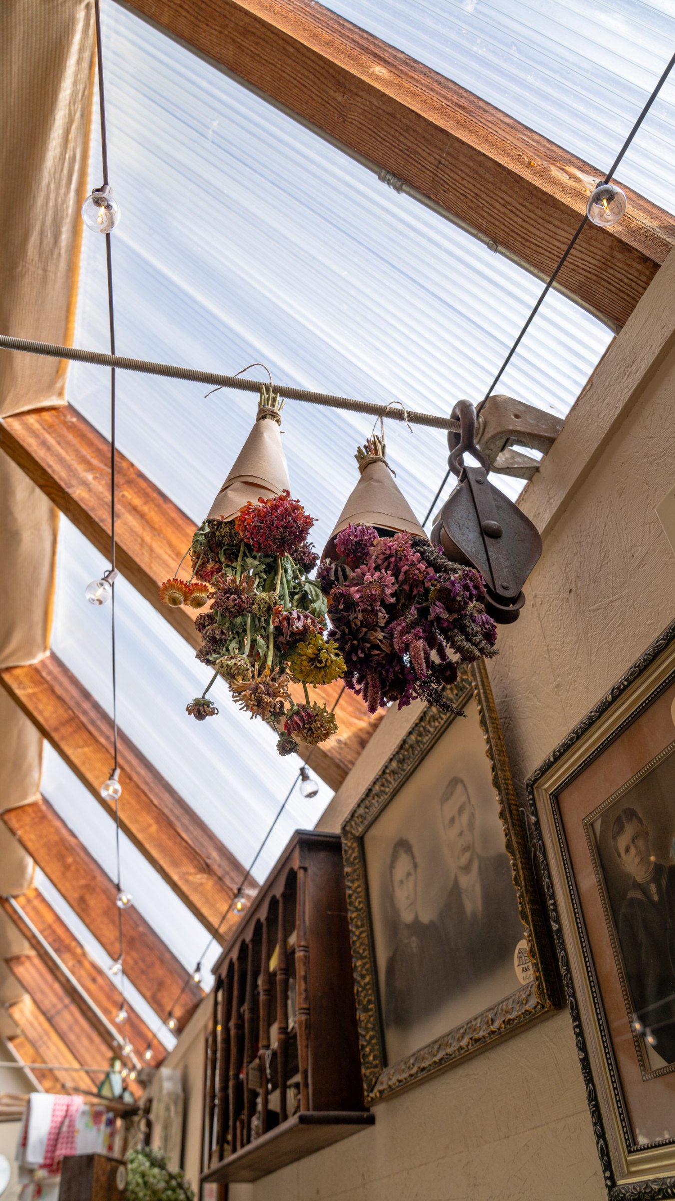Dried flowers and baskets beneath the greenhouse roof