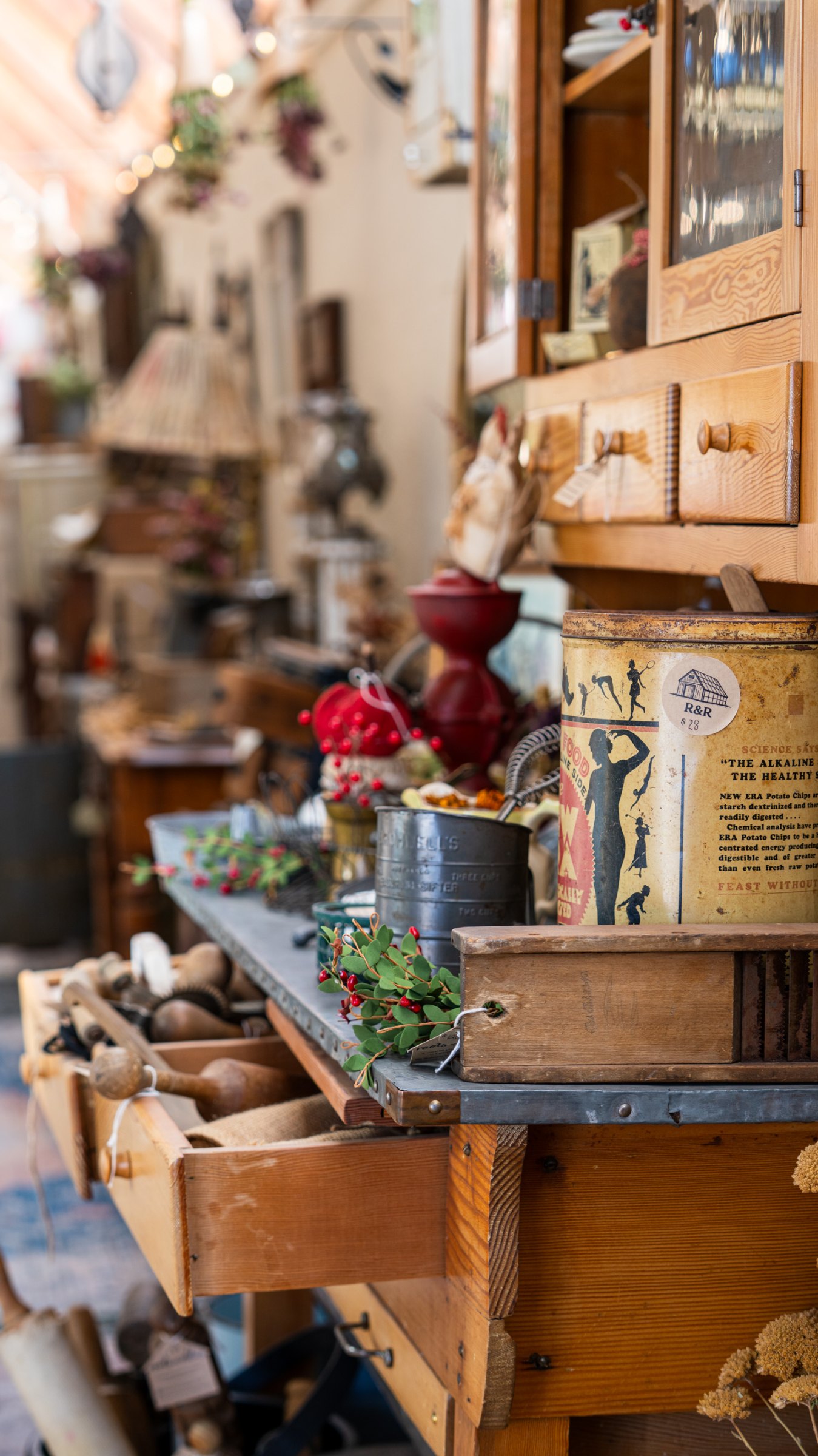 Antique cabinets and shelves filled with colorful finds