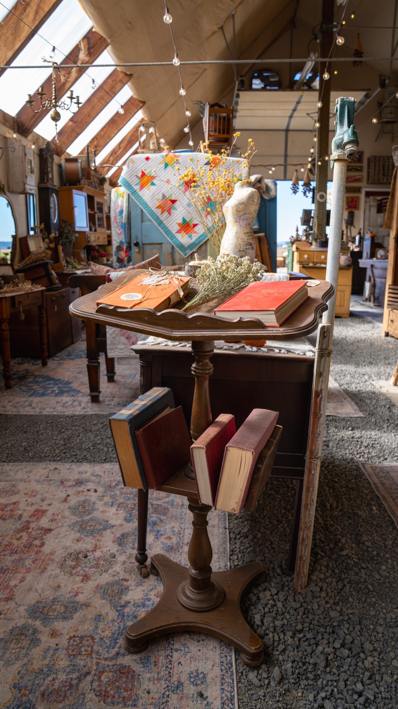 Antique furniture lining the greenhouse aisle