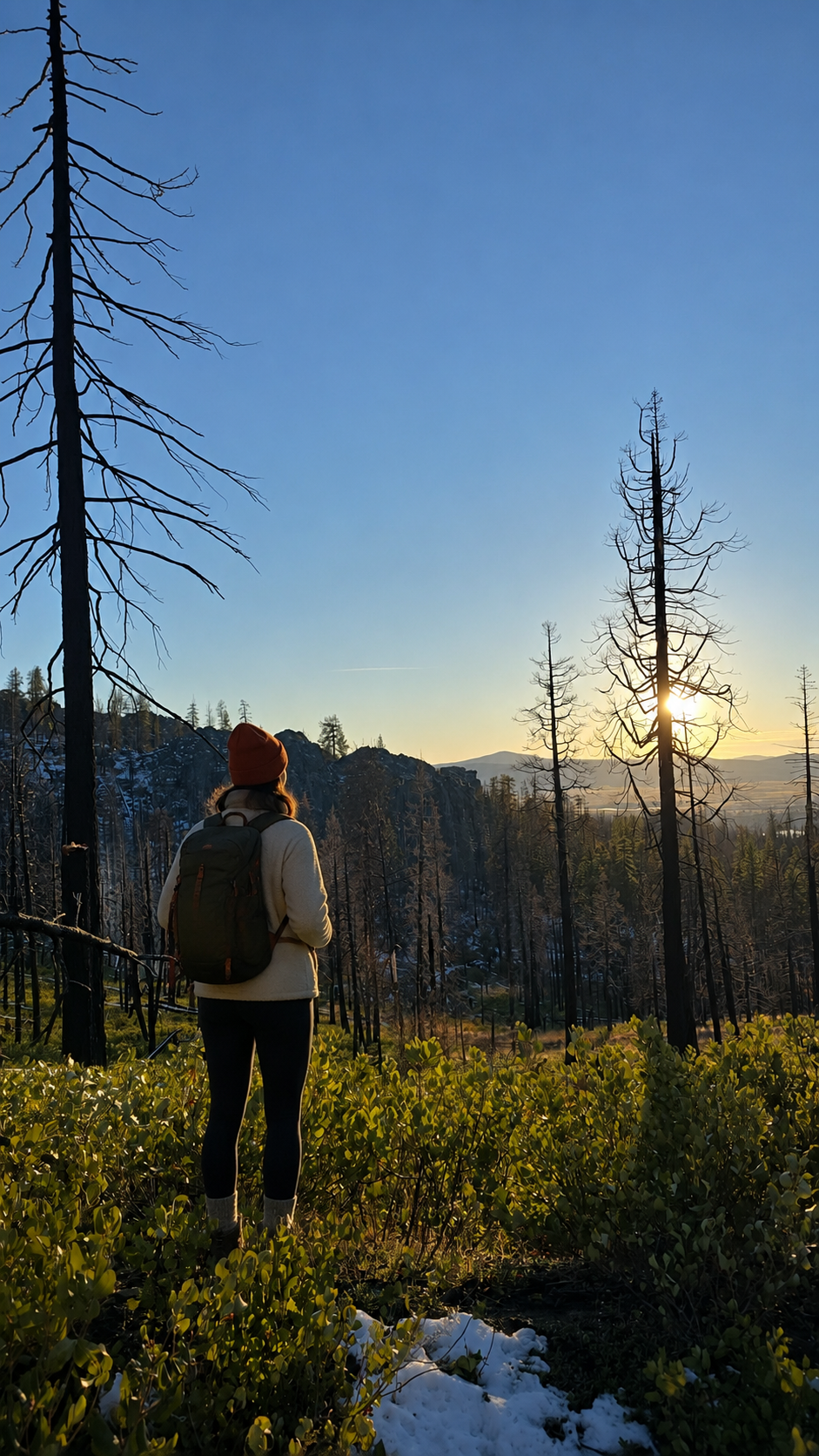 Hiker watching the sunset through the forest