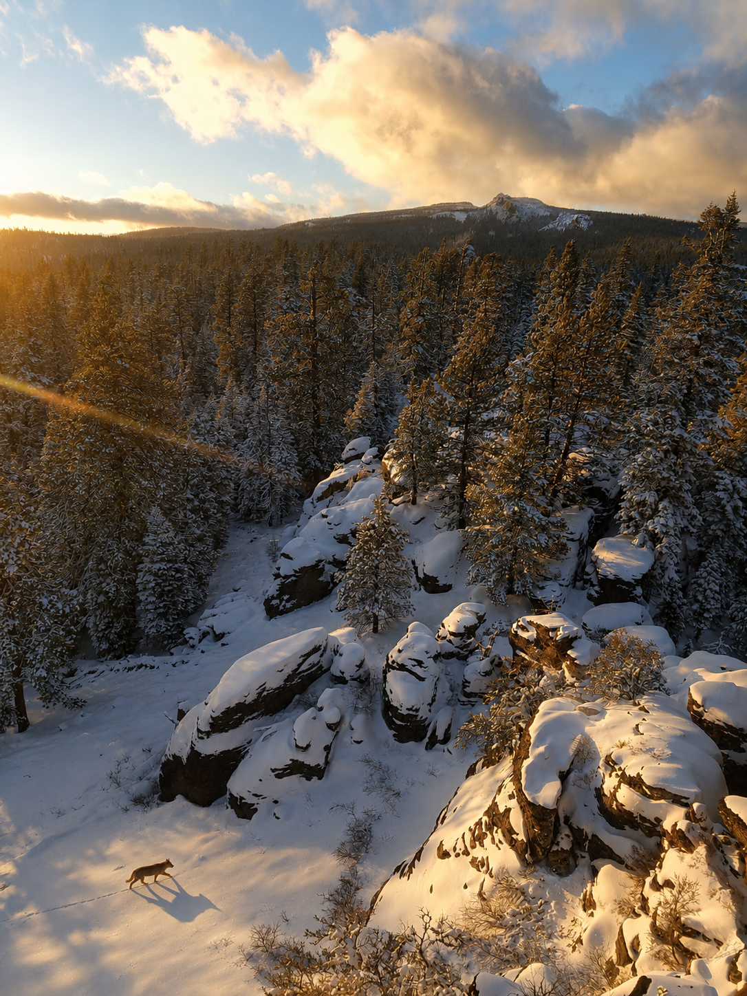 Snow-covered forest glowing in evening light