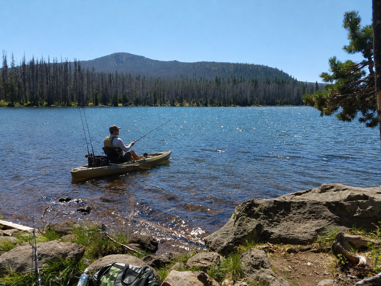 Angler fishing from a kayak on a mountain lake