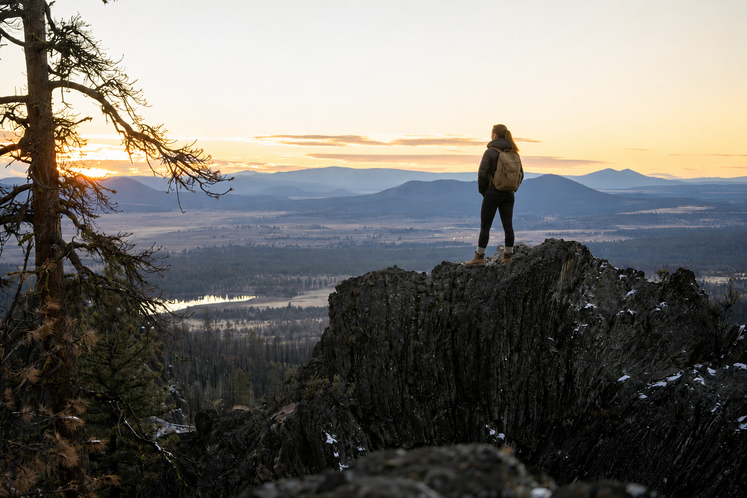 Hiker overlooking the valley near Bly at sunrise