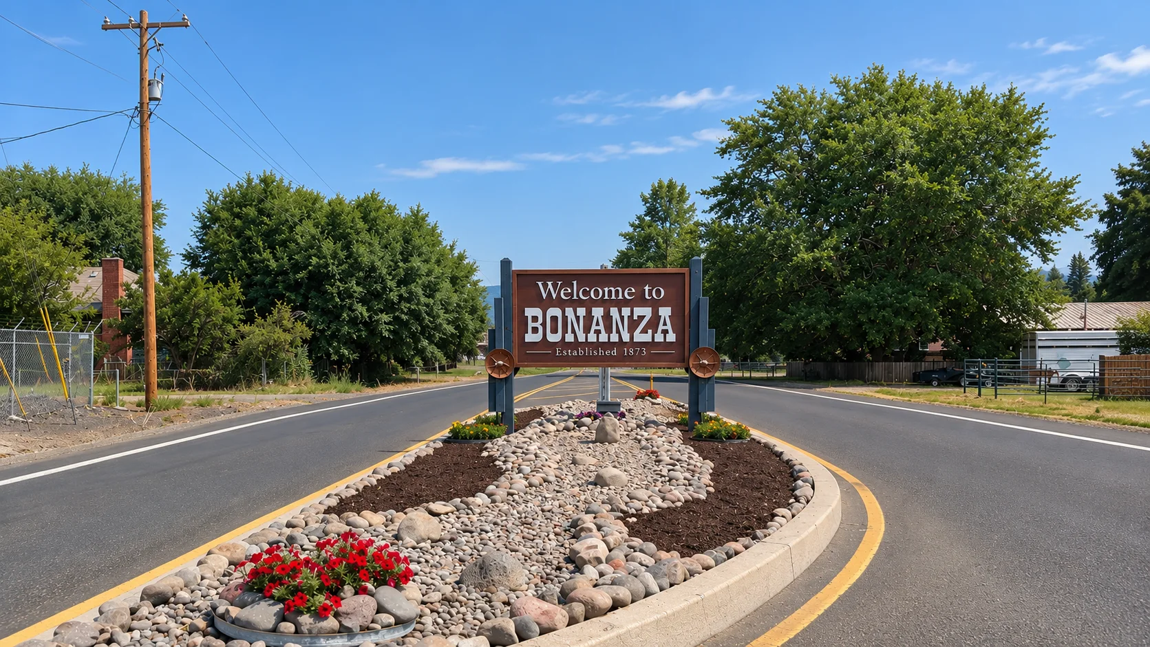 Welcome to Bonanza sign beside a landscaped town street, with trees and blue sky.